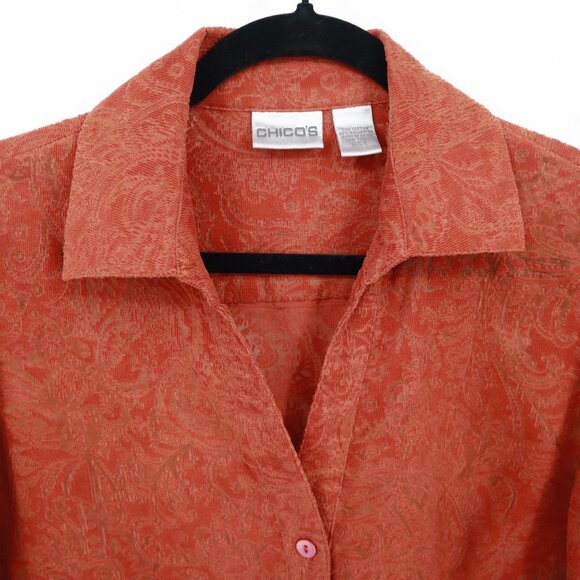 Chico's Corduroy Burnout Shirt Womens M Orange Western Preppy 70's Boho Academia - Picture 8 of 16